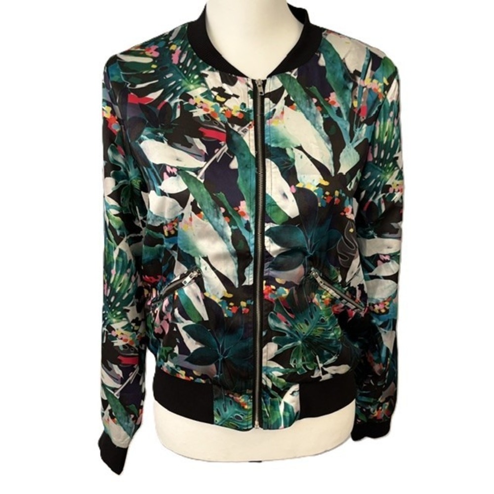X by Gottex Bomber Jacket Womens Small Multicolor Tropical Floral Zip